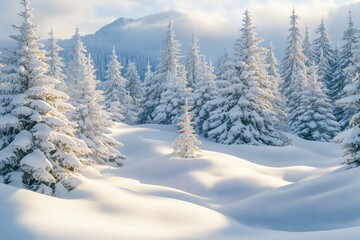 Obraz premium Sunlit snow-covered forest with coniferous trees in wintertime.