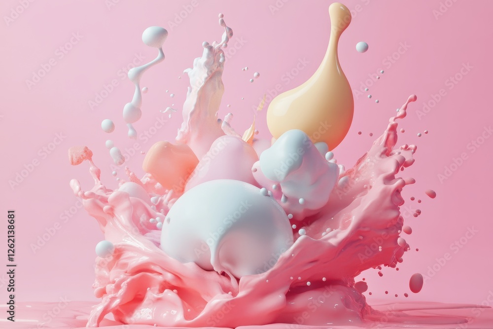 Poster Stylish abstract shapes create dynamic splashes in colorful collision, Stylish 3D abstract shapes colliding together CGI simulation