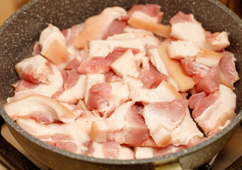 A pan of meat is being cooked on a stove