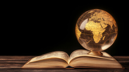 Golden Globe atop Aged Open Book Knowledge and Global Wisdom Antique Learning Vintage Study