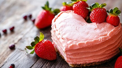 A captivating close-up of a heart-shaped cake with smooth icing and garnished with ripe strawberries, artistically composed to evoke a sense of joy and celebration, set on a rustic wooden table,