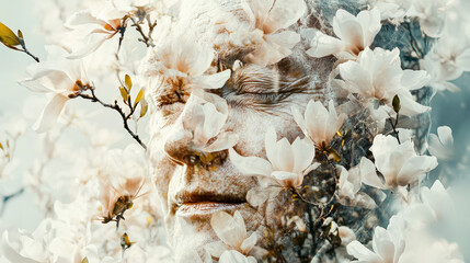 serene face intertwined with blooming magnolias, symbolizing tranquility and nature beauty