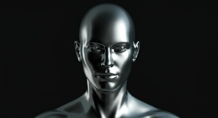 Metallic humanoid figure with a reflective surface and intense gaze