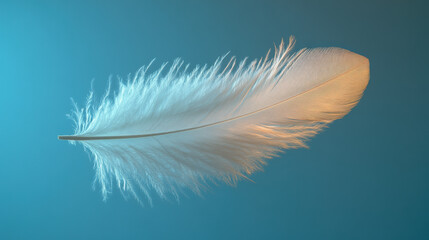 Obraz premium A soft, white feather suspended mid-air against a pastel blue background