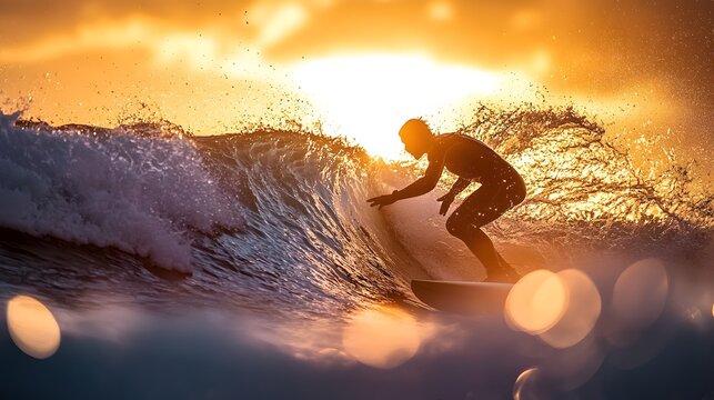 A surfer catching a golden wave under the warm glow of sunset