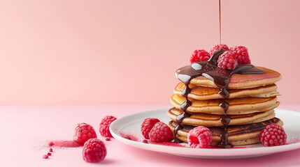 Stack of fluffy pancakes drizzled with rich chocolate syrup and topped with fresh raspberries. Delicious sweet breakfast served on a white plate against a soft pink background.