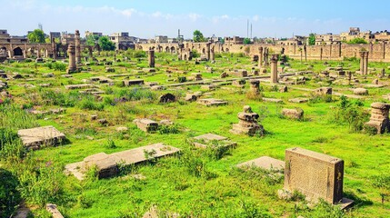 Ancient graveyard, ruins,  modern city in background,  scenic view