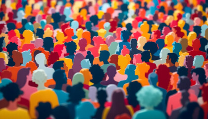 Obraz premium A vibrant paper cutout collage of a diverse crowd with dynamic layers and colors.
