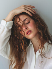 Entspannte Frau, sinnliches Portrait einer jungen Frau in wei&szlig;er Bluse mit geschlossenen Augen und lockigem Haar, weiches Tageslicht und entspannte Pose