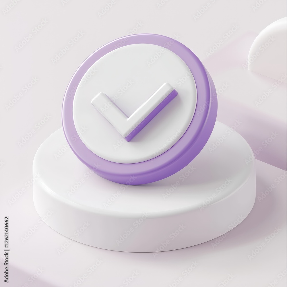 Poster 3d rendering of a circle with a checkmark purple border on white stand against a light background re