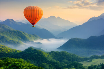 Fototapeta premium Serene sunrise hot air balloon ride over misty mountain valley. Breathtaking landscape photography perfect for travel, adventure, and nature themes.