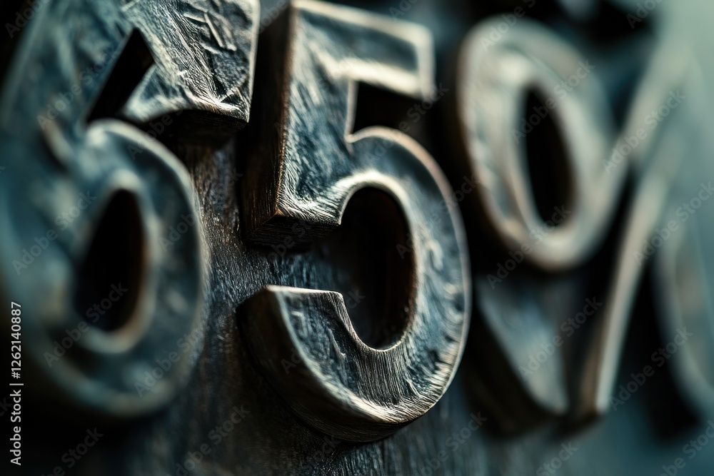 Poster close-up view of metallic numbers indicating a percentage on a textured surface, numbers with percen