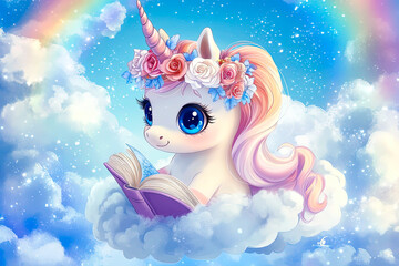 Fototapeta premium Cute Unicorn Reading on a Cloud