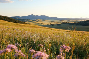 Obraz premium Serene Sunset Over Rolling Hills And Wildflowers