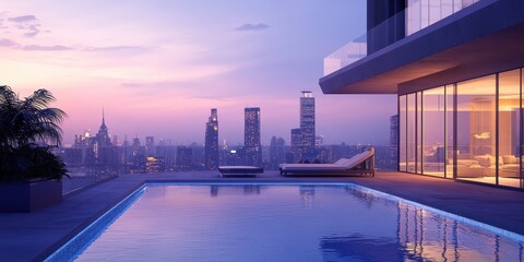 Fototapeta premium Rooftop pool with cityscape view at sunset