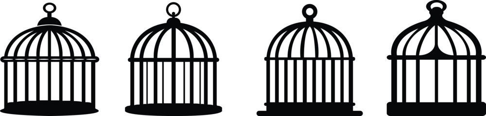 Bird cage icon set.Set of closed empty bird cage silhouette icon vector illustration design.Metal animal transport hanging prison cages. Depicted without birds symbol of freedom and space.