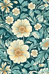 Vibrant floral pattern suitable for upholstery and wall art. Includes a variety of flowers on a light blue background.