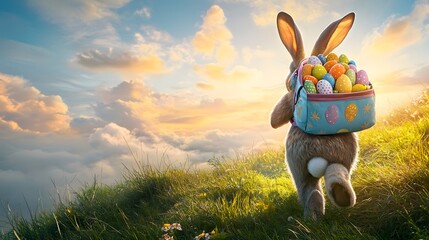 Bunny Hiking Up Grassy Hill Carrying Easter Backpack with Eggs at Sunrise