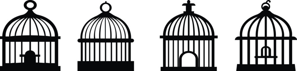 Bird cage icon set.Set of closed empty bird cage silhouette icon vector illustration design.Metal animal transport hanging prison cages. Depicted without birds symbol of freedom and space.