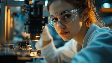 A technician focuses intently on assembling smartphone components, showcasing precision in a well-lit, high-tech workspace filled with tools and equipment