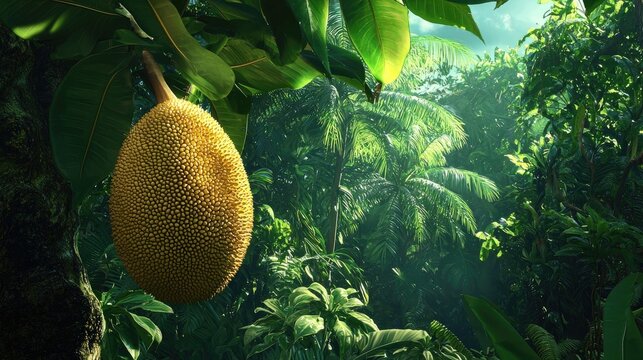 Large jackfruit hanging from a tree in a tropical rainforest. Dense green foliage and misty background create a lush and exotic jungle atmosphere. Generative AI.