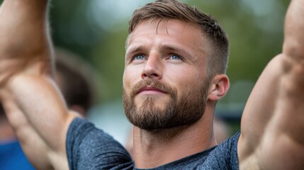 Fototapeta premium Bearded male athlete concentrating intently during an outdoor workout session at an open air gym surrounded by nature He is shirtless displaying his muscular physique