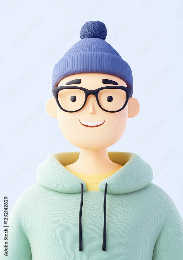 Poster a stylized 3d rendering of a young man with glasses and a beanie the rendering presents a clean chee