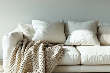 A cozy living room set-up featuring a white couch adorned with pillows and blankets, inviting relaxation.
