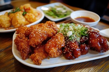 Fototapeta premium Delicious chicken wings with sesame seeds, served alongside a bowl of soy sauce and toppings.