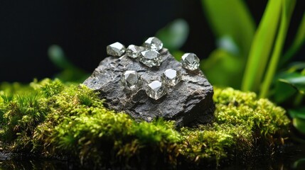 Large quartz crystal cluster resting on a mossy rock in a natural forest setting. The translucent structure reflects light beautifully. Generative AI