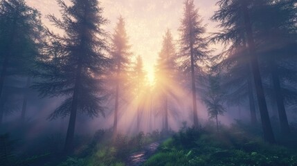 Fototapeta premium Sunlit forest path shrouded in ethereal mist at dawn or dusk