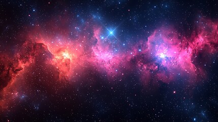 Fototapeta premium Cosmic Nebula in Vivid Hues: A breathtaking view of a vibrant nebula, awash in shades of red, pink, and blue, speckled with distant stars.