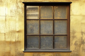 Grungy window with nine panes set in a gold wall