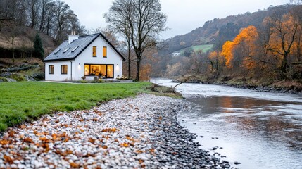 Modern riverside house, autumnal valley view, property sale