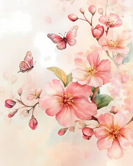 Delicate pink blossoms and butterflies in a serene background. Generative AI