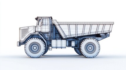 Detailed Wireframe Model of a Dump Truck on White Background