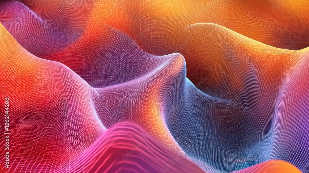 Poster vibrant abstract wave patterns in colorful 3d terrain visualization