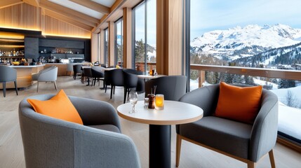 Cozy and Inviting Luxury Mountain Retreat Interior Design with Panoramic Scenic Views and Plush Modern Furniture for a Warm and Relaxing Atmosphere