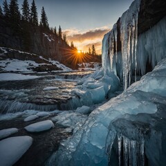 A radiant sun setting behind an icy waterfall.