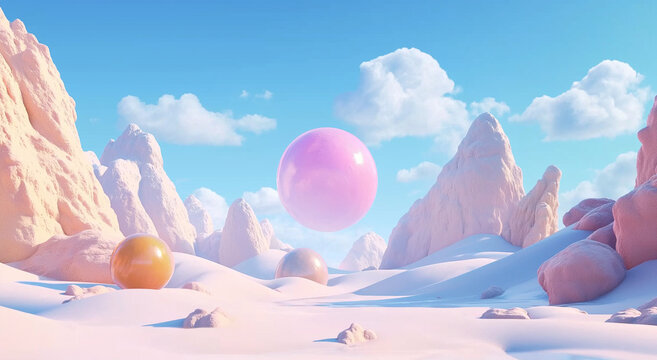 a 3d scene with geometric shapes and pastel colors floating in the air,