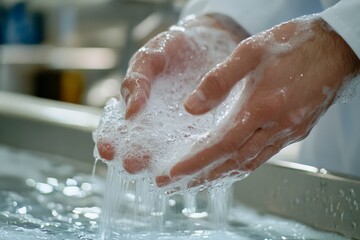 Fototapeta premium A close-up of a doctor hands washing with soap and water,