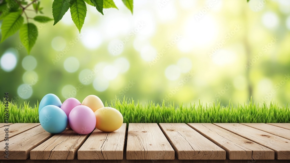 Poster An empty wooden rustic table for product display, a blurred Easter background of painted eggs and green grass and meadows