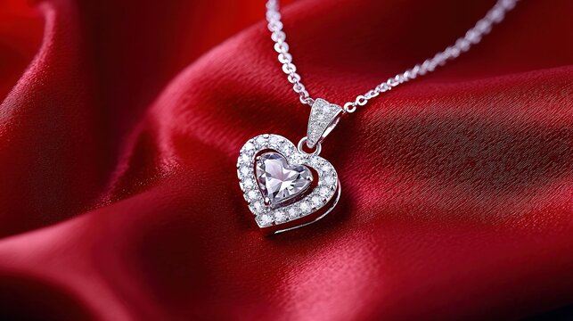 An exquisite close-up of a heart-shaped pendant necklace, showcasing brilliant craftsmanship and shine, elegantly draped on a plush, color-coordinated fabric.