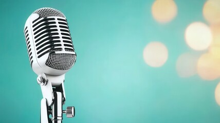Fototapeta premium Live podcast banner background. A classic silver microphone stands against a soft turquoise background, illuminated by subtle bokeh lights, evoking themes of music and performance.