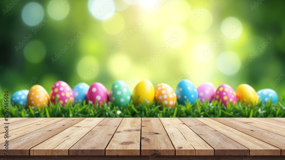 Poster an empty wooden rustic table for product display, a blurred easter background of painted eggs and gr