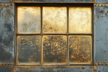 Grungy weathered metal framed window with textured glass panes