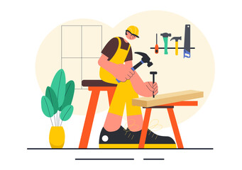 Carpentry Workshop Vector Illustration featuring Woodworking DIY, Wood Boards, Furniture Making, and a Craftsman Working with Timber in a Background