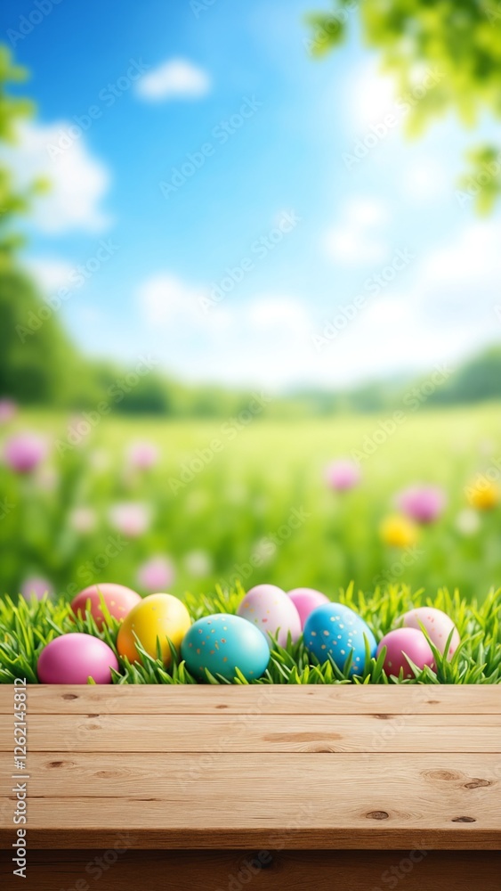 Poster an empty wooden rustic table for product display, a blurred easter background of painted eggs and gr