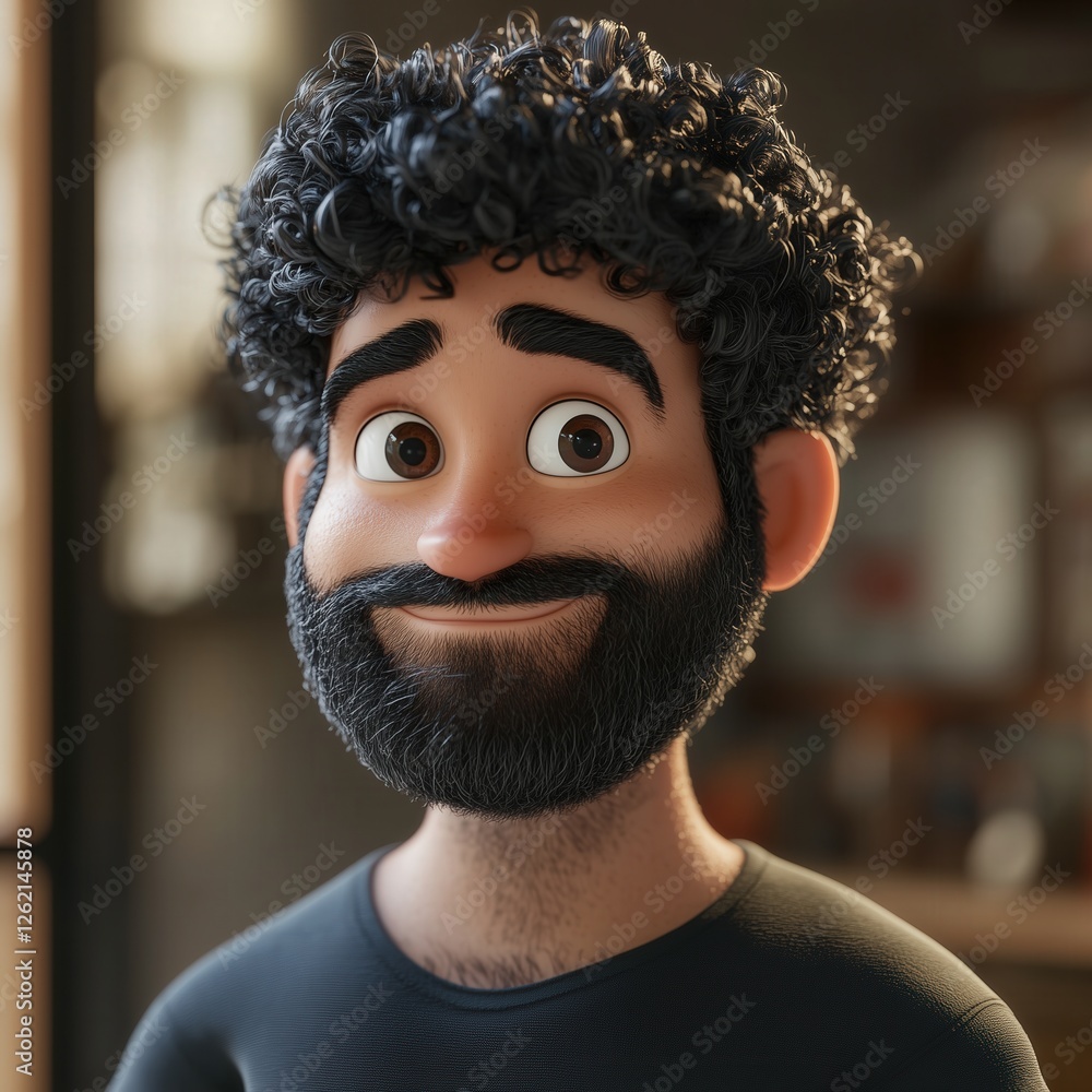 Poster stylized 3d rendering of a man with curly hair and a beard smiling gently in a brightly lit room sho