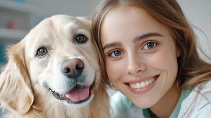 Compassionate female veterinarian performing a health check and examination on a friendly happy golden retriever dog in a veterinary clinic or office  The woman is smiling